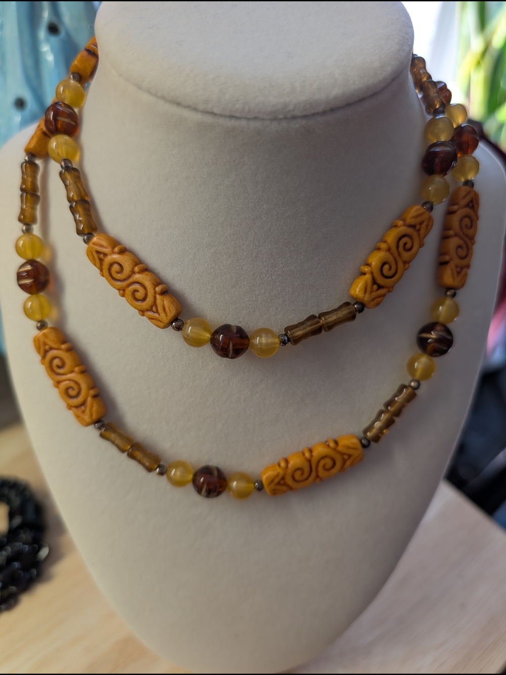 Handcrafted Amber-Tone Beaded Double Necklace